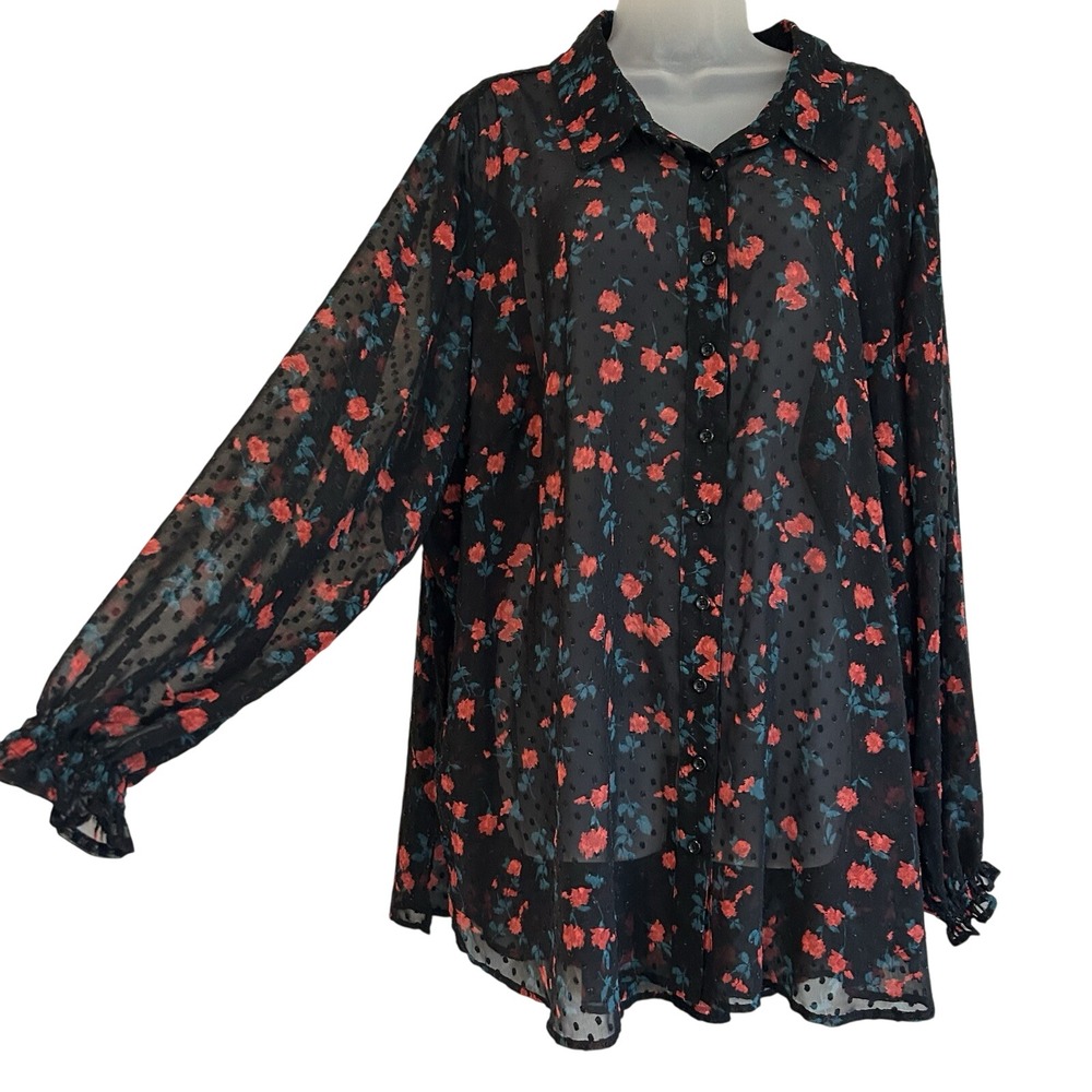 Dark Floral Boho Blouse Sz 26/28 Sheer Romantic Bishop Sleeves Button Up Collar